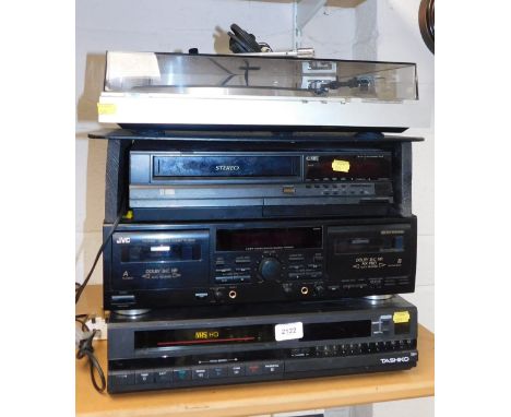 A stack of hi-fi equipment, to include a Hitachi DD automatic HT66S turntable, a JVC double cassette deck TDW308, and a pair 