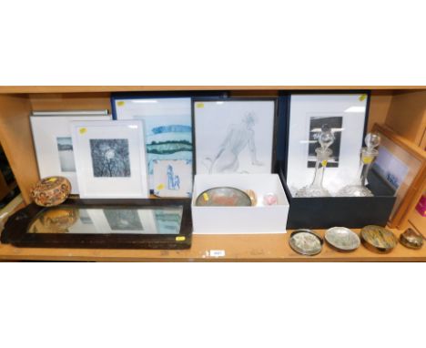 A pair of handblown glass decanters, a quantity of framed original artwork, and limited edition prints, After Joan Dannett, w