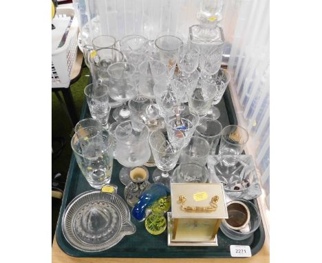 A quantity of mixed glassware, including wine glasses, whisky decanter, a quartz carriage clock, beer mugs, etc. (2 trays)