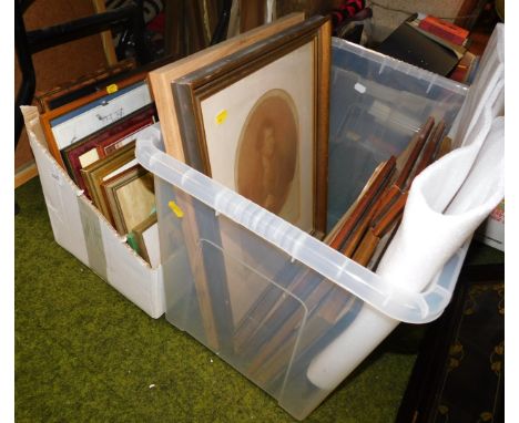 A quantity of framed prints, including an etching of Francis Bartolozzi, and a series of small animal illustrations. (2 boxes