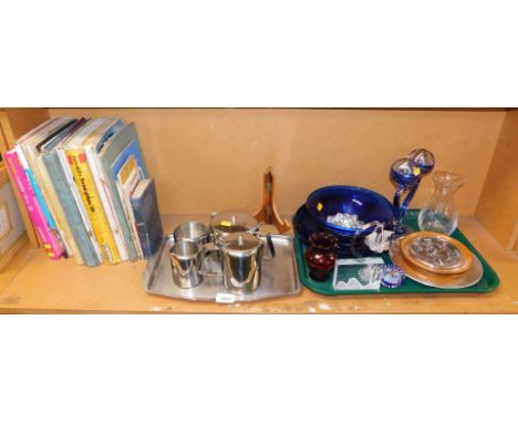 A stainless steel tea service, on a stainless steel tray, together with a quantity of decorative glassware, including a snowy