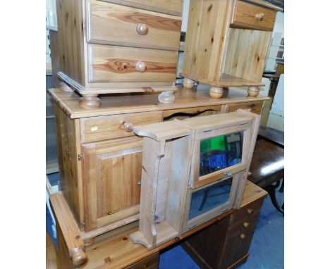 A pair of pine home desks, together with a pair of pine bedside units, mirrored bathroom wall unit, and a pine single bed hea