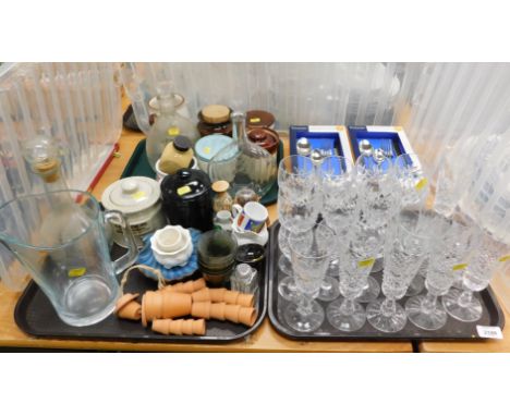 A quantity of mixed glassware and ceramic storage pots, to include wine flutes, wine glasses, sherry glasses, water jug, wine