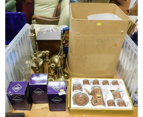 A quantity of Indian brassware, including two brass decorative lamp bases, a brass coffee pot, pair of candlesticks, (AF), an