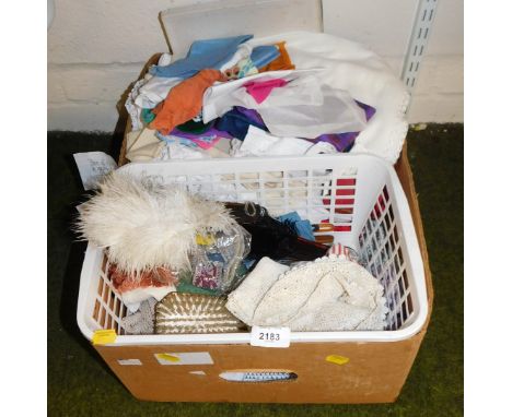 A quantity of vintage linen and materials, including sewing materials, embroidered silver plated backed brush, etc. (1 box)