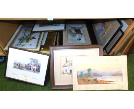 A quantity of framed original and printed art, to include a floral butterfly illustration, pair of hunting prints, a watercol