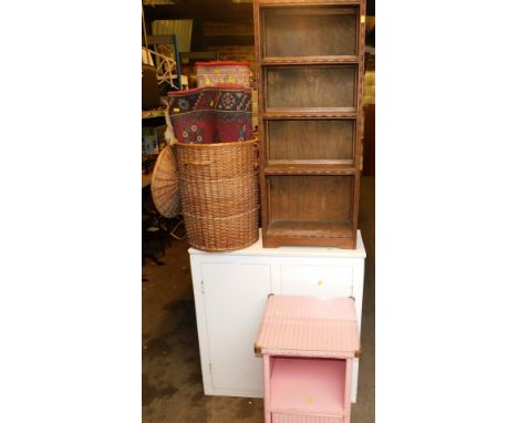 A painted double base standing mid century kitchen unit, together with a mahogany floor standing plate display unit, a Lloyd 