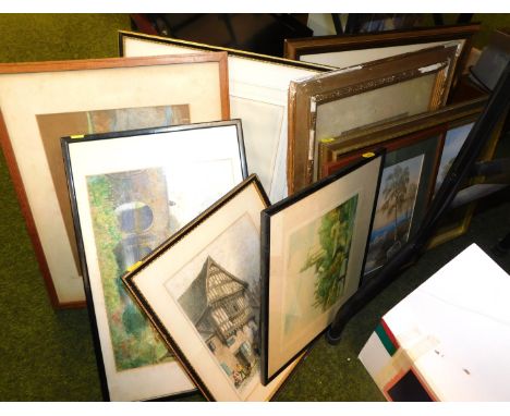 A quantity of framed prints and original watercolours, featuring countryside and seascape scenes.