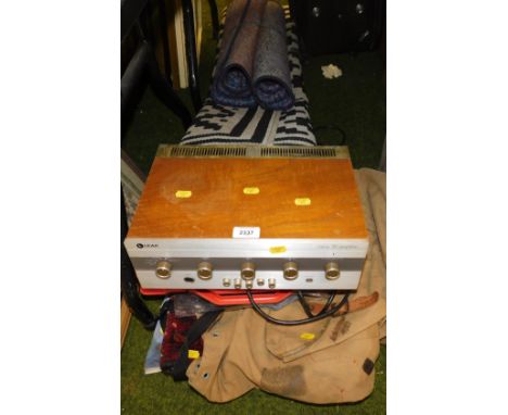 A Leak hi-fi amplifier model Delta 30, a boxed set of art etchings, a mid century canvas rucksack with embroidered badges, an