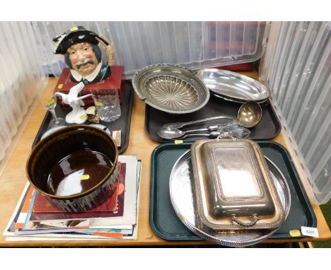 A quantity of silver plated table service ware, including an engraved galleried circular tray, cut glass handled serving spoo