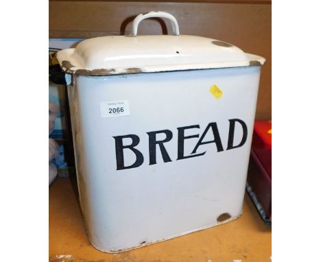 A traditional mid century enamelled bread storage bin with lid, approx size 35cm high, 30cm wide.