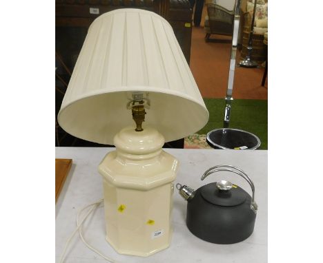 An octagonal base ceramic table lamp, including shade, 50cm high, together with an Aga kettle finished in polished stainless 