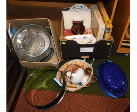 A quantity of kitchenware, including enamel roasting dish, casserole dish, a quantity of jigsaws, gavel, and a Royal Albert s