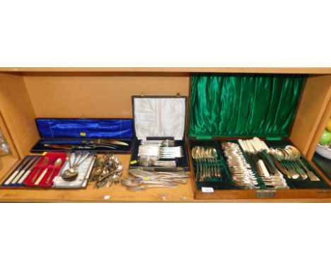 An oak boxed canteen of cutlery, silver plate to include a collection of Walker and Hall stainless steel bone handled knives,