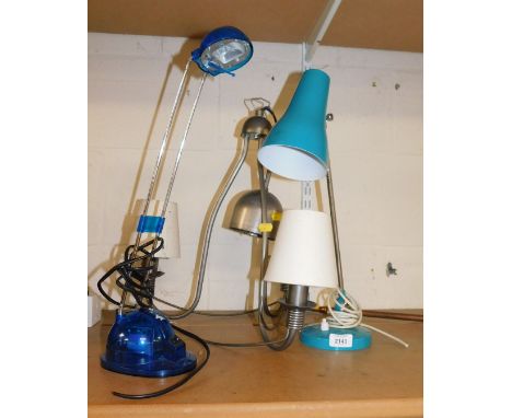 A pair of task lights, together with a grey metal framed pendant light fitting.