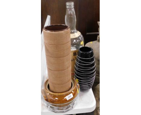 A pair of Regency figures, a stoneware bowl, a stoneware flower vase, and a large 4.5 litre Bells whisky bottle display item.