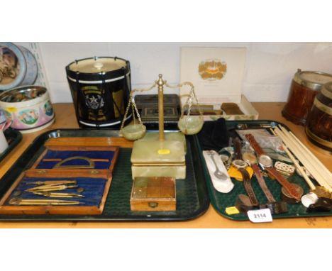 A set of brass draftsman's drawing tools, boxed, together with an Imperial measuring rule, a pair on onyx scales, an onyx dre