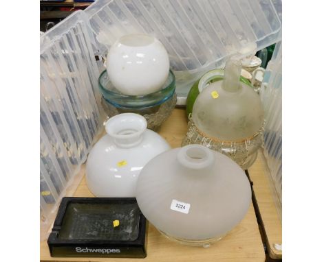 A quantity of glass lamp shades, including oil lamp, chimney and shade, together with a glass fruit bowl and serving dish, an