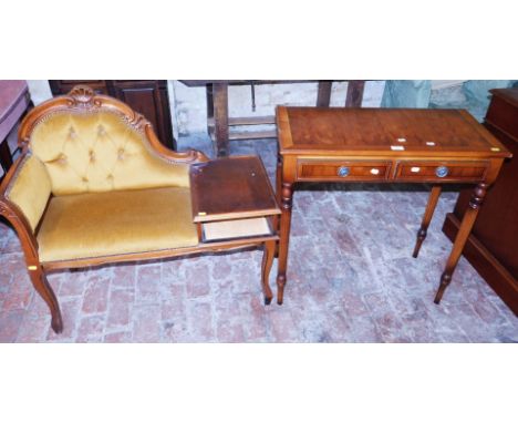 A Regency style console table, with two frieze drawers and reeded legs, finished in a mahogany veneer, together with a carved