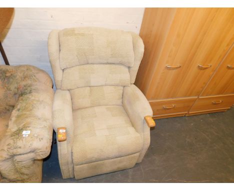 A lounge chair, with adjustable back, fabric covered with beech arm details and rising leg/foot support, together with two se