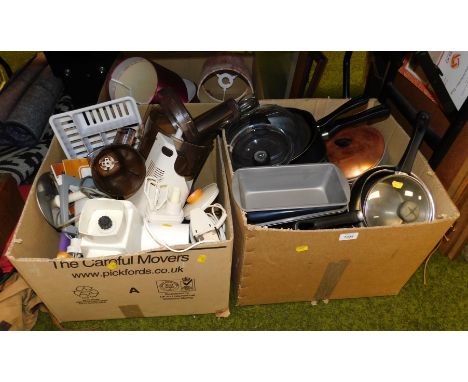 A quantity of kitchen cookware, baking tins, pans and food processor. (2 boxes, AF)