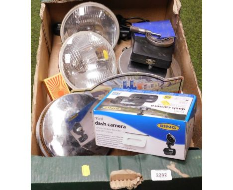 A quantity of British car parts, including chromium air filter, Lucas headlights, various small gaskets, filters and light fi