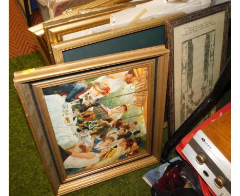 A quantity of framed prints, watercolours, oils, prints after Renoir, still life of book with candle, scene of a country chur