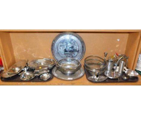 A quantity silver plated ware, including pin dishes, wirework fruit bowls, a mid century jam pots, a single stem candle stick