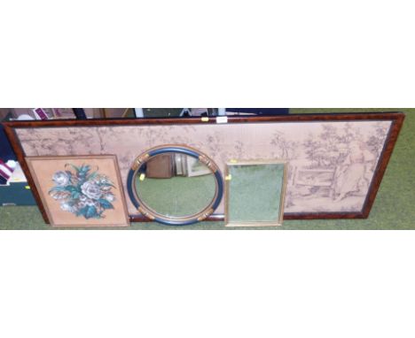 A large framed tapestry, depicting a country scene, 140cm x 45cm, together with a pair of framed mirrors and a framed tapestr