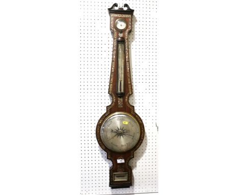 A 19th century rosewood and mother-of-pearl inlaid banjo barometer, thermometer, hydrometer and level, by Fleming and Hodder,