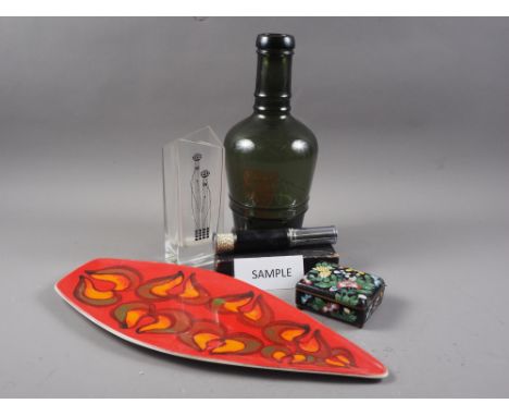 A Poole "Delphis" shaped dish, a cloisonne box with floral decoration, assorted glassware and other items 
