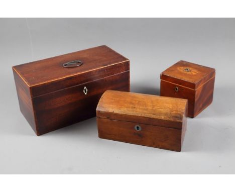 A 19th century mahogany and kingwood banded tea caddy, 4 1/2" wide, an early 19th century mahogany tea caddy with blending bo