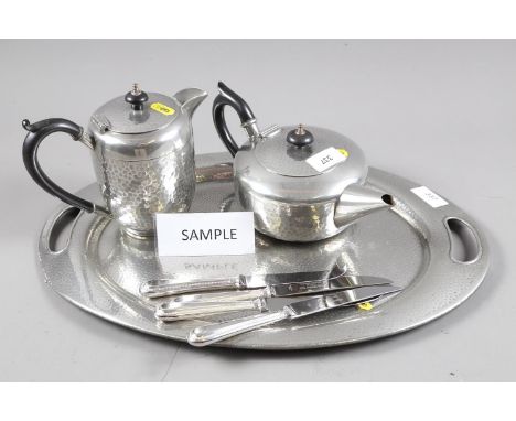 A canteen of Sheffield silver plated cutlery, loose plated cutlery, and a pewter teaset on a tray 