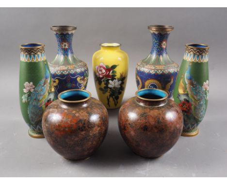 A Japanese yellow ground cloisonne vase with floral decoration, 7 1/2" high, and three pairs of Chinese cloisonne enamel vase