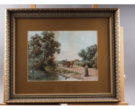 Albert Bow: a pair of colour prints&nbsp; landscapes with figures with animals, 10 1/4" x 14", in gilt frame 