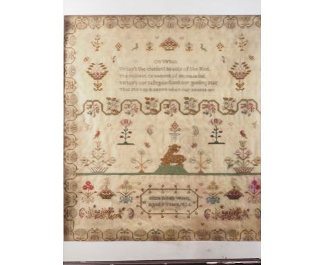 An early 19th century verse, house and flowers sampler, worked by Elizabeth Rice aged 9, 1824, 18 1/2" x 16", in gilt frameCo