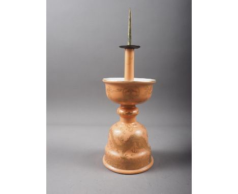 A Chinese peach glazed pricket candlestick with gilt dragon and wave decoration, 11 1/2" high overall (damage to top) 
