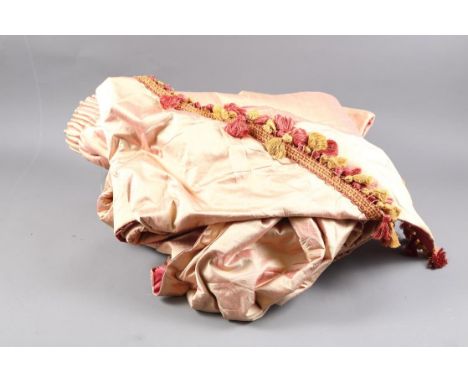A pair shot silk dupion interlined curtains with pencil pleat headings and terracotta linings, each panel 44 1/2" wide x 107"