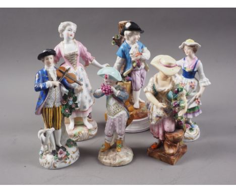 A Continental porcelain figure, man playing violin with dog, and five other similar figures (restorations and damages) 