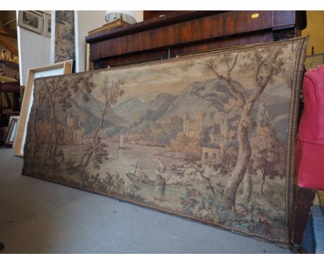 A Jacquard woven tapestry panel, view of Lake Geneva?, 29" x 70" approx 