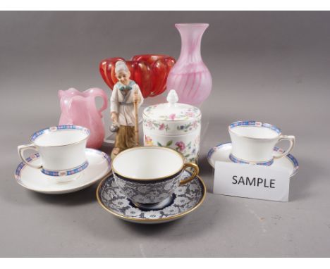 An Adrian Sankey mottled effect pink glass vase, 5 1/2" high, similar glassware, dressing table jars, a pair of Paragon teacu