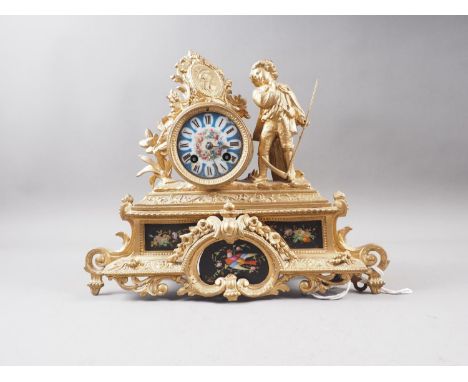 A 19th century gilt and porcelain mounted mantel clock with eight-day striking movement and harvester figure, on scroll base,