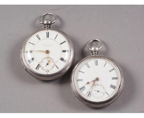 Two Victorian silver cased open faced pocket watches with white enamel dials and Roman numerals 