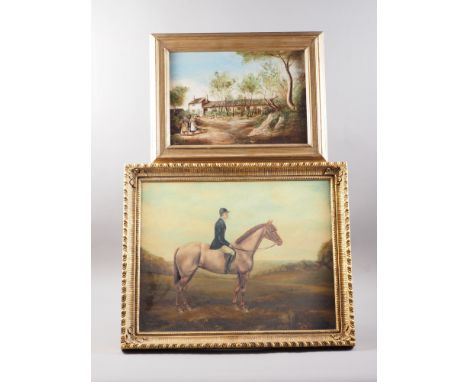 English late 19th century Naive School: oil on canvas, cottage and figures, 9 1/2" x 14", in gilt frame, and a similar landsc