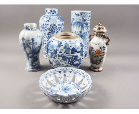 A Chinese porcelain ginger jar, decorated numerous figures, double ring mark to base, 6 1/2" high, and other Chinese porcelai