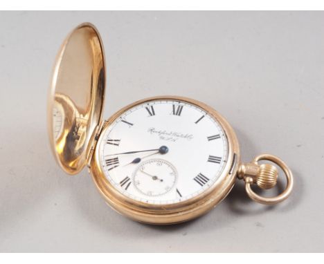 A Rockford Watch Co, 9ct gold cased full hunter pocket watch with white enamel dial, Roman numerals and subsidiary seconds di