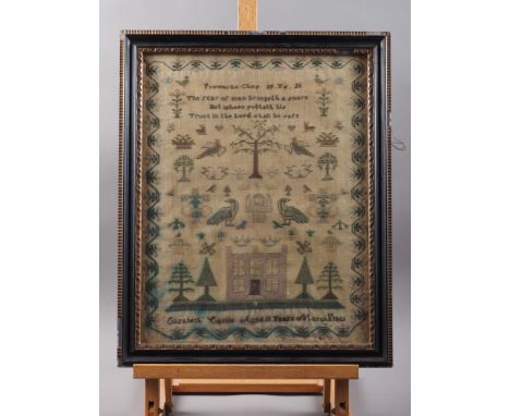 A mid 19th century sampler with verse, house flowers and birds by Elizabeth Castle, Age 11 1866, 16" x 13", ebonised strip fr