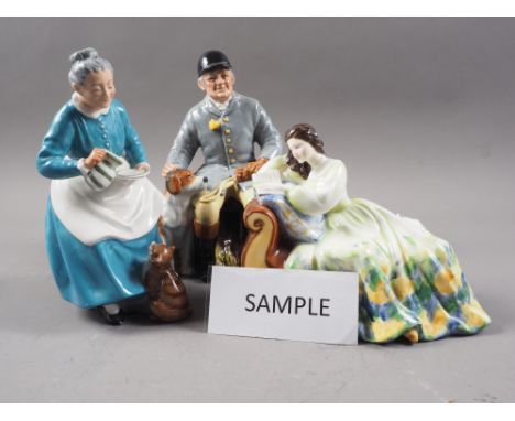 Thirteen Royal Doulton figures, including The Favourite HN2249, The Huntsman HN2492 and Solitude HN2810,Other figures: H.N 32