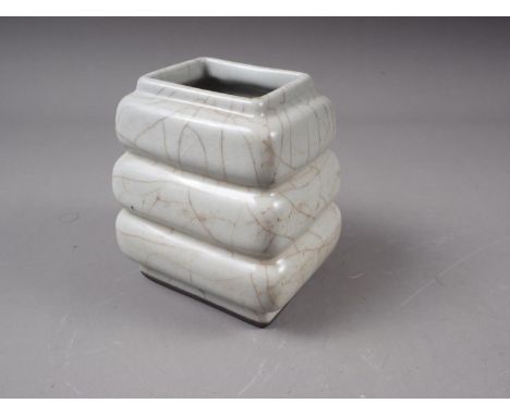 A Chinese pale duck egg crackle glaze rectangular-sectioned vase with underglaze blue seal mark to base, 3 1/2" high 