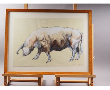 Chris Gough?, '96: a pencil and bodycolour sketch of a longhorn cow, 14 3/4" x 21 1/2", in maple frame, Poppies: a watercolou
